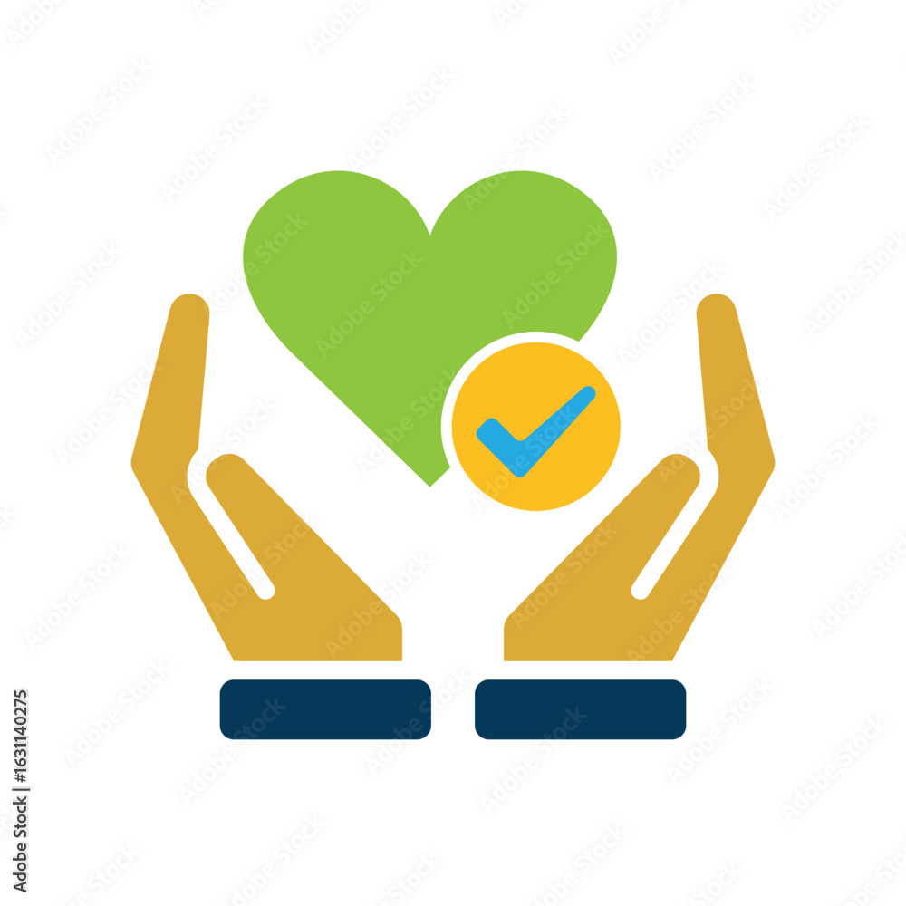 Fototapeta premium Wishlist icon. E-commerce and social media. Heart symbol with a check mark in hand. market, sale, buy. flat design style.