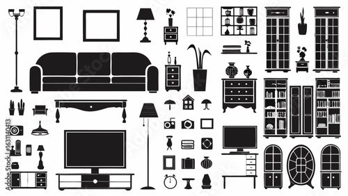 Illustration of various furniture items including sofa lamps and bookshelves in black and white style | editable eps vectors silhouette
