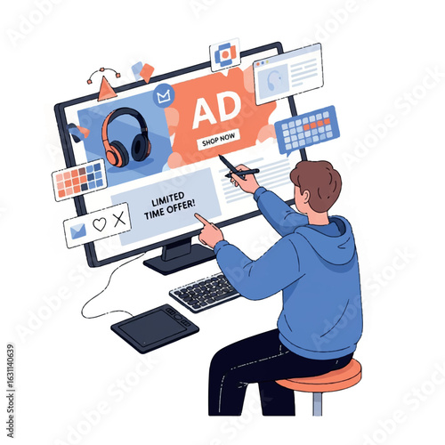 Digital Marketing Specialist Designing Compelling Online Advertisement Campaign on Computer Screen
