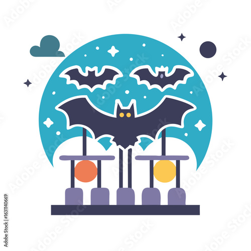 A spooky halloween carnival ride with bats and moon isolated on white background