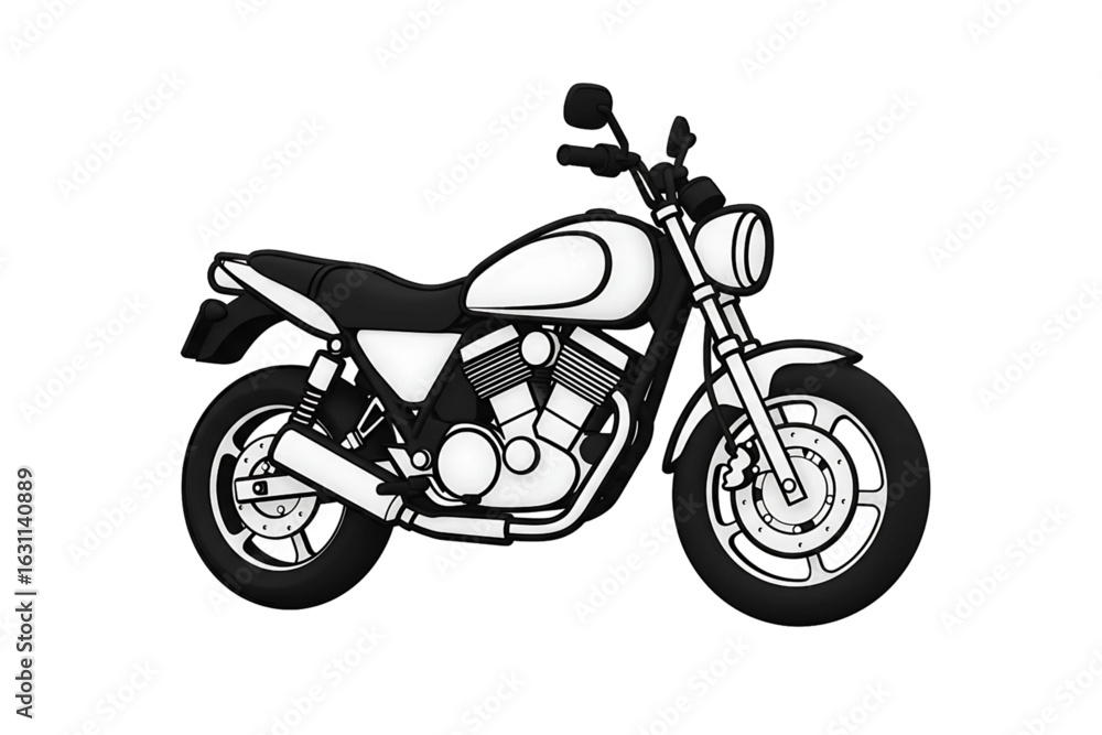 Obraz premium Black and white line art illustration of a classic motorcycle, isolated on white background for automotive, vintage, and transportation themes