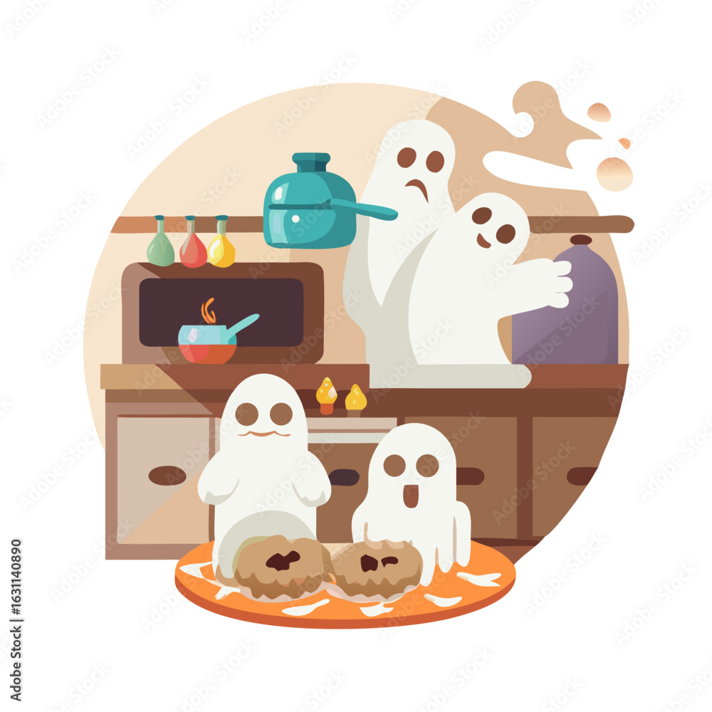 Naklejka premium Ghosts are cooking spooky treats in the kitchen for halloween party