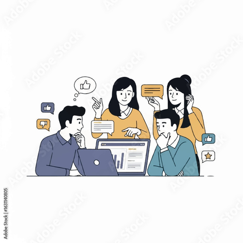 Diverse Team Collaborating on Digital Strategy with Laptop and Feedback Icons