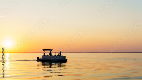 Obraz na plátne Enjoy the serene beauty of a pontoon boat gliding on calm waters at sunset