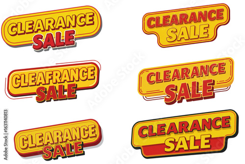 Six yellow and orange "Clearance Sale" promotional badges, isolated on white background for end-of-season sales and inventory reduction