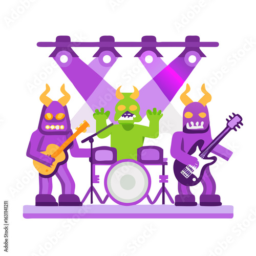 Monster band performing on stage with guitars, drums, and a singer under lights isolated on white background