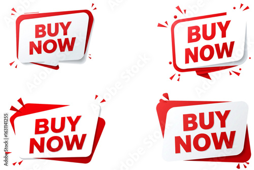 Four red "Buy Now" badges with dynamic splash effects, isolated on white background for urgent calls to action and promotional campaigns