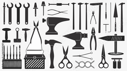 Illustration of various tools including hammers wrenches pliers and toolboxes in a black and white style | editable eps vectors silhouette