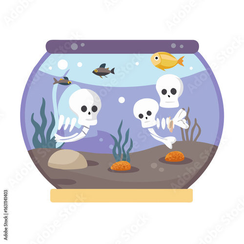 A fishbowl with skeletons and fish isolated on white background