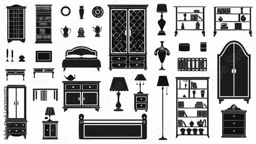 Illustration showing various furniture items including beds wardrobes bookshelves and lamps in black | editable eps vectors silhouette