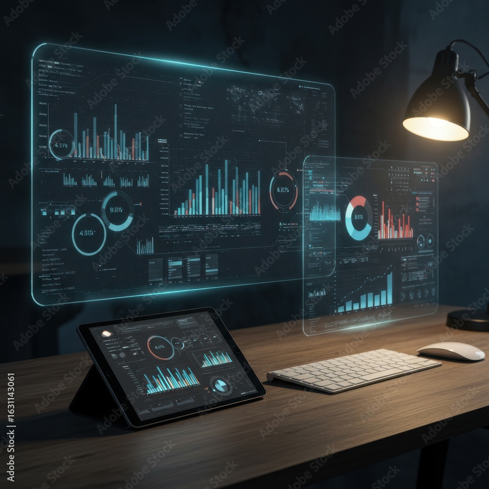 Fototapeta premium Advanced Data Analytics Dashboard Displaying Real-time Business Intelligence on a Modern Workplace Setup