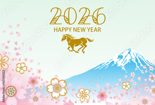 2026年　午年　年賀状 - 走る馬と桜吹雪　富士山背景
