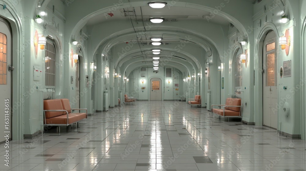 Obraz premium Hospital hallway with doors on both sides, chairs along the walls, dark gray floor and walls, captured in realistic photography with a cinematic atmosphere