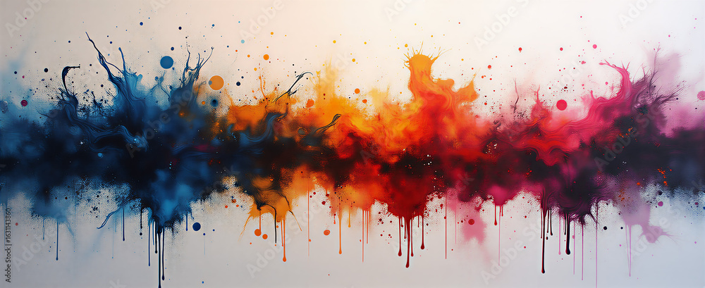 Fototapeta premium Abstract canvas with dramatic ink drop splashes overlapping in mid-air, creating a fluid and dynamic composition. Artistic lighting setup includes dramatic directional lighting from a single overhead