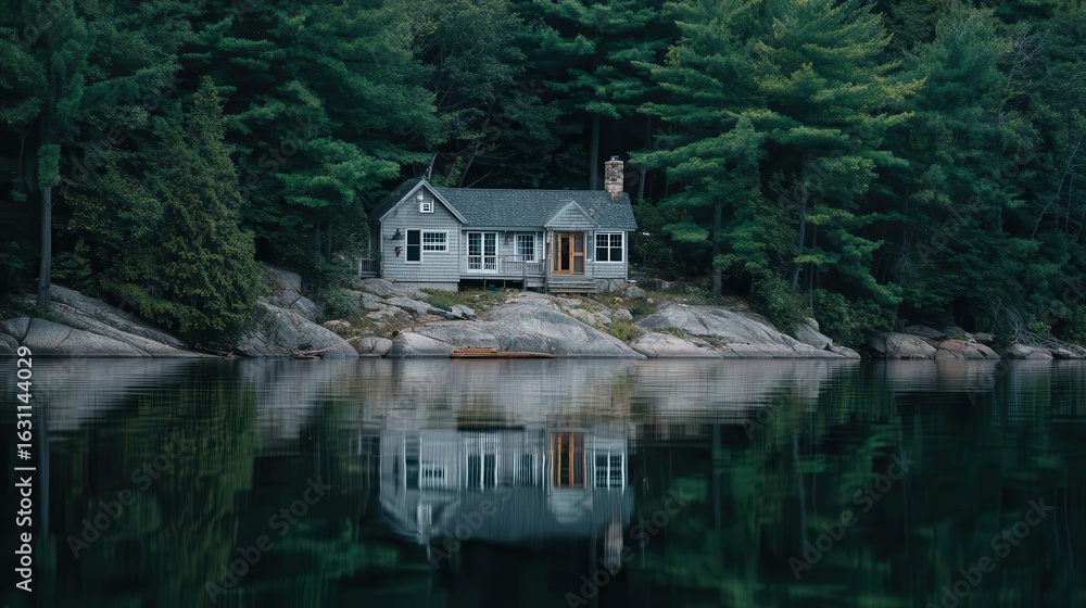 Naklejka premium Tranquil cabin nestled on a rocky lakeshore.