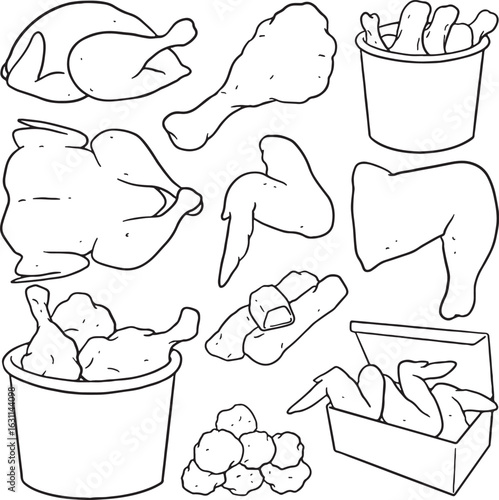 A comprehensive hand-drawn illustration set of various chicken products. It includes a whole chicken, different parts like drumsticks and wings, as well as classic fried chicken items such as nuggets.