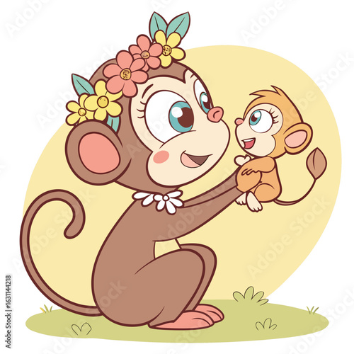 A mother monkey lovingly holds her baby both adorned with flowers in a heartwarming illustration of maternal affection and joy vector illustration