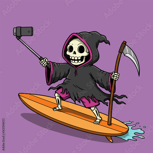 Grim Reaper skeleton surfs with a scythe and selfie stick—playful, spooky, and modern.