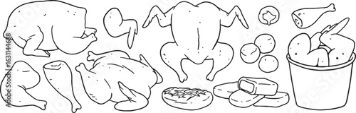 A collection of hand-drawn illustrations of various chicken parts, including whole chicken, drumsticks, wings, and nuggets. Perfect for food menus, packaging, or any poultry-related design.