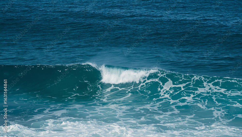 Fototapeta premium A small ocean wave crests with white foam and spray on the deep blue sea.