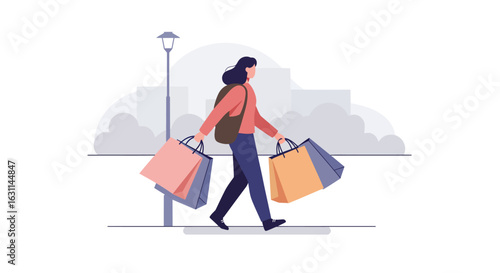 Woman Walking with Shopping Bags in City Illustration.