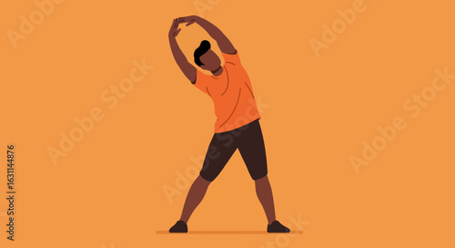 Man Stretching Arms Overhead in Orange Outfit.