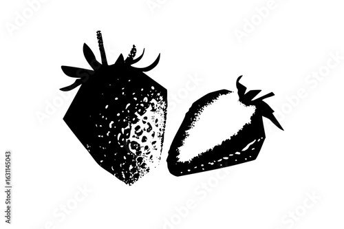 Vector Black and white strawberry with textured seeds and leaves.