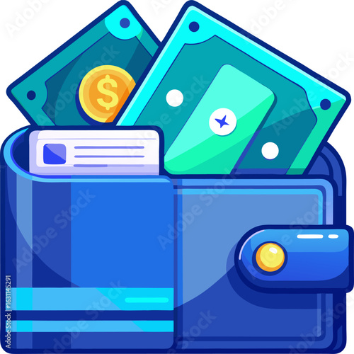 Flat Style Wallet Icon – Full Wallet with Cash and Coins for Finance and Spending Concepts