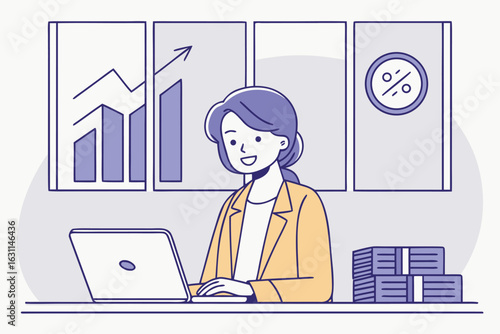Smiling woman analyzes data on her laptop amidst charts and reports at the office