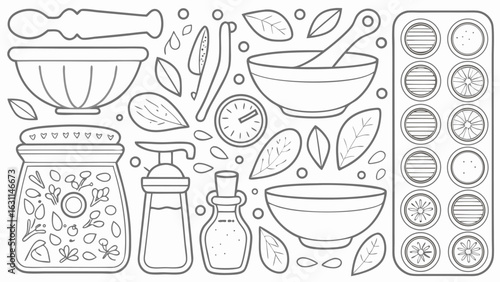 Outline drawing of herbal medicine preparation tools and ingredients in a seamless pattern design silhouette