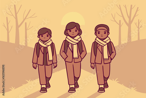 Three young students with backpacks walk toward the rising sun during their pleasant stroll