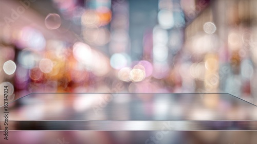 Abstract Cityscape Night Bokeh Background with Glass Tabletop Display