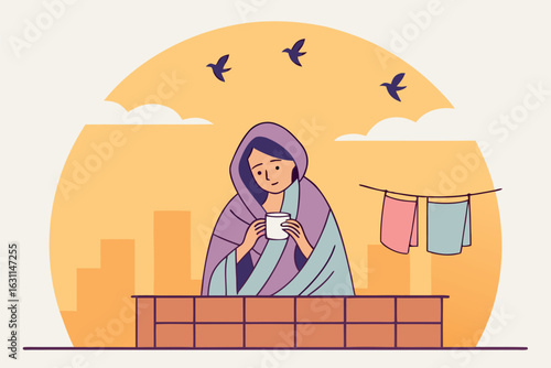 Smiling woman in a shawl holds cup while three birds fly on yellow background