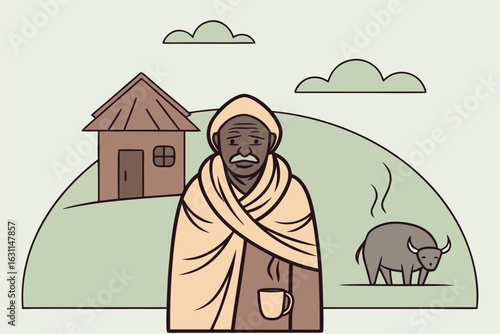 Elderly indian man with head covering holds coffee near his home and buffalo