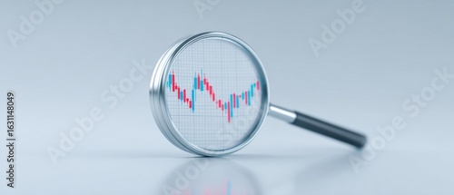Focusing on a detailed analysis of financial market trends and data. A magnified view of an economic graph through a magnifying glass. Illustrating market analysis, investment strategy.