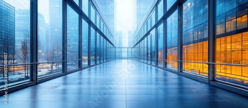 Modern glass corridor with city view.