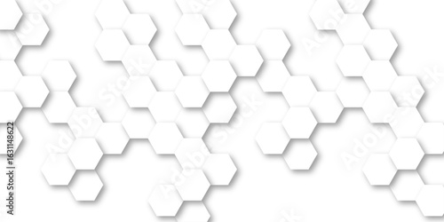 Seamless pattern composed of white hexagons arranged in a honeycomb structure, A subtle gray drop shadow behind each hexagon, Technology design element vector abstract background.