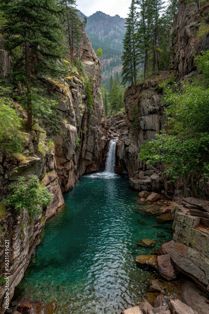 Serene waterfall cascading into a vibrant teal pool nestled within a rugged, forested canyon Serene waterfall cascading into a vibrant teal pool nestled within a rugged, forested canyon