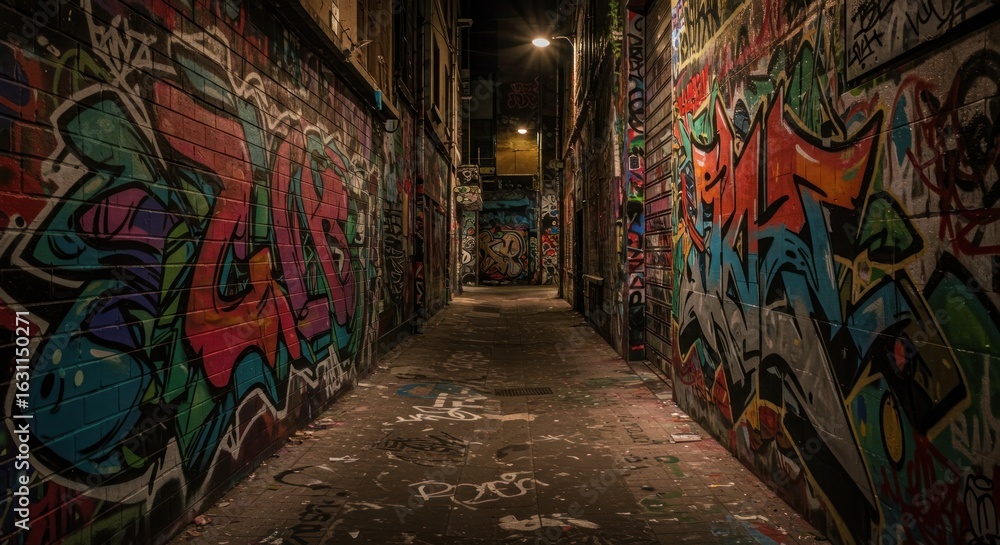 Obraz premium Graffiti-Lined Alleyway at Night: Urban Art and Dim Lighting