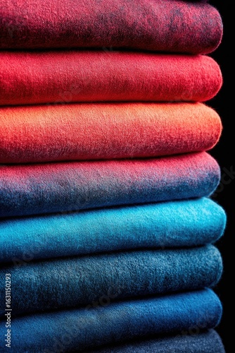 Neatly stacked dyed fabrics in red and blue hues