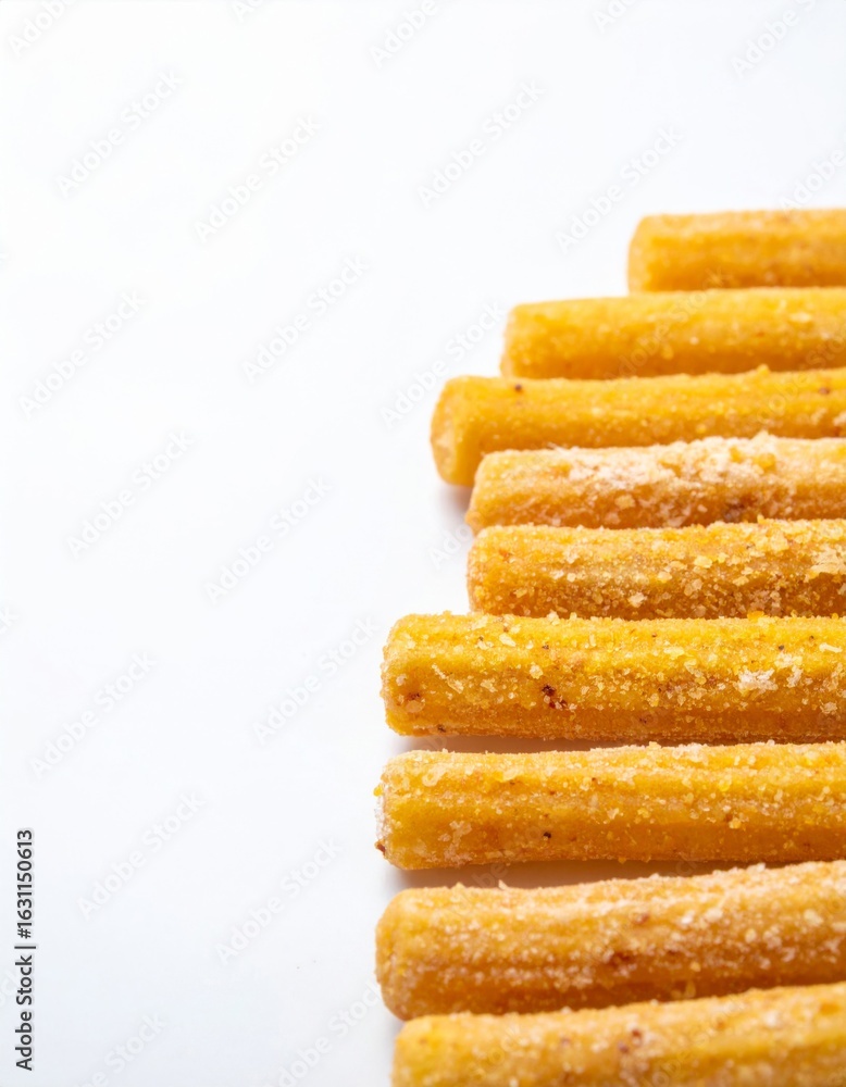 Fototapeta premium Close Up of Crunchy Golden Sticks Snacks Arranged on White Background