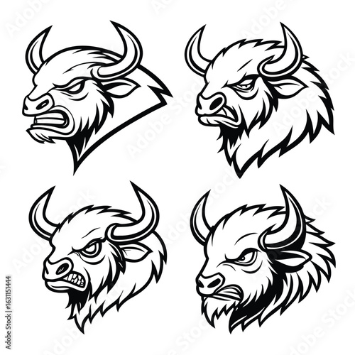 Four fierce set of bison heads emblems showcasing aggressive expressions and powerful horns in a stylized black and white design vector illustration