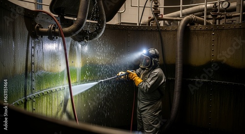 Worker in Hazmat Suit Pressure Washing Inside Metal Tank to Prevent Legionella Bacteria Growth