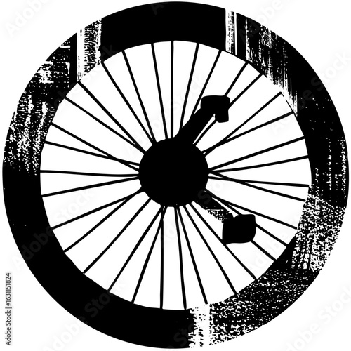 Vector Black and white bicycle wheel with grunge texture.