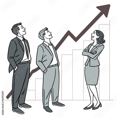 Team of business professionals celebrating upward trend on a growth chart looking up with smiles and confidence vector illustration