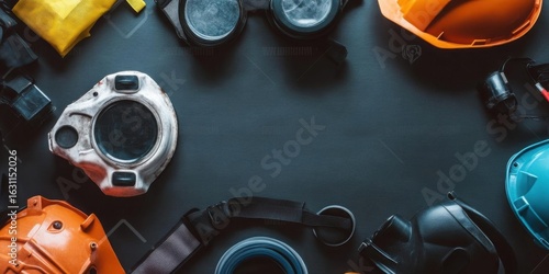 gear up, Protective tools on flat lay with Dark backdrop and Safety equipment.