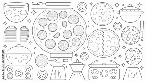 Outlined kitchen scene featuring pots pans and cooking utensils in a clean and organized arrangement silhouette