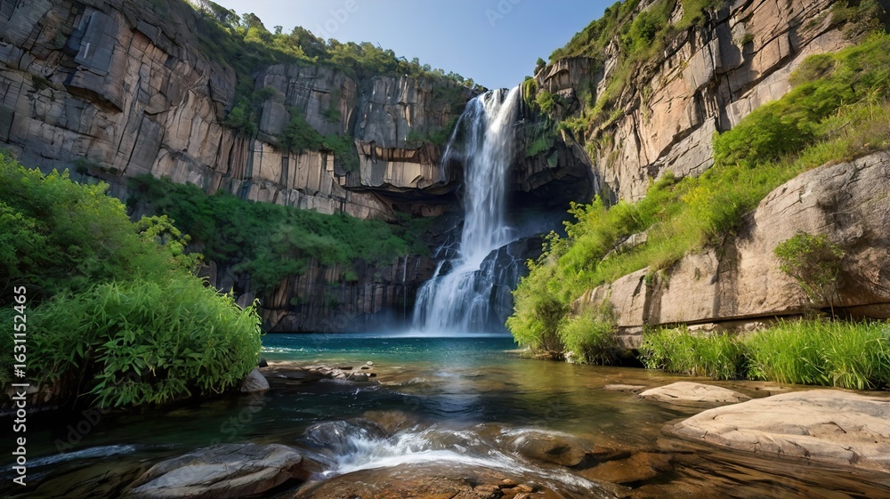 Obraz premium Serene waterfall cascading down rocky cliffside into tranquil pool