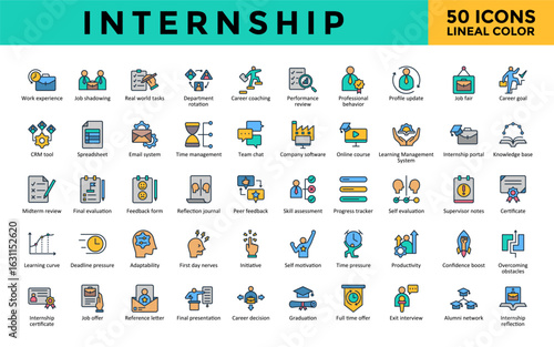 Internship icons set with work experience, job shadowing, real world tasks, department rotation, career coaching, performance review, professional behavior icon. Simple flat outline vector 
