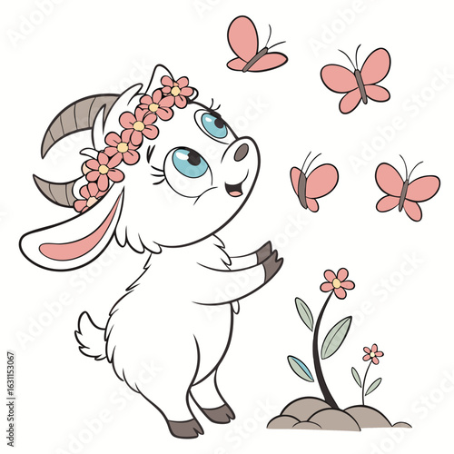 This charming illustration features a white baby goat with blue eyes and a flower crown, surrounded by fluttering pink butterflies and a small plant with flowers vector illustration